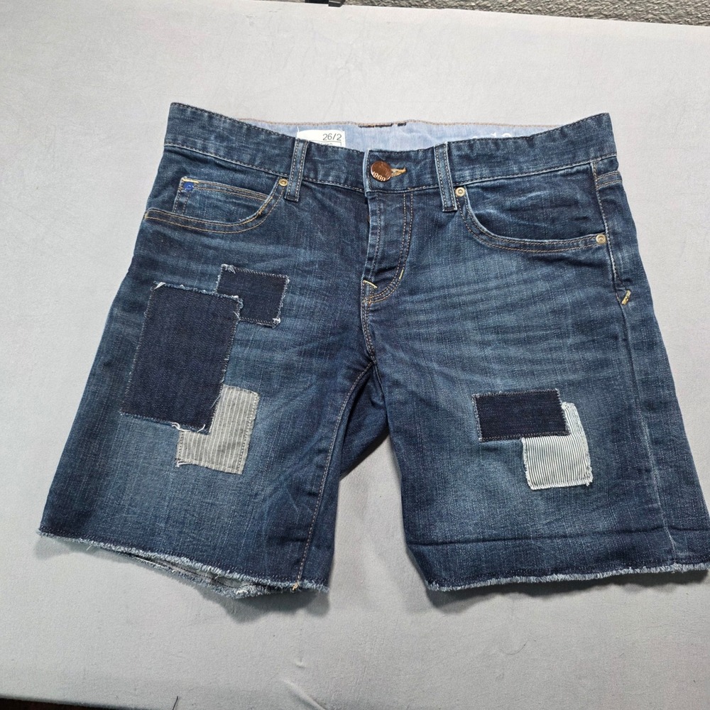Gap 1969 Boyfriend Denim Shorts Blue Patchwork Button Fly Raw Hem Womens‎ 26/2